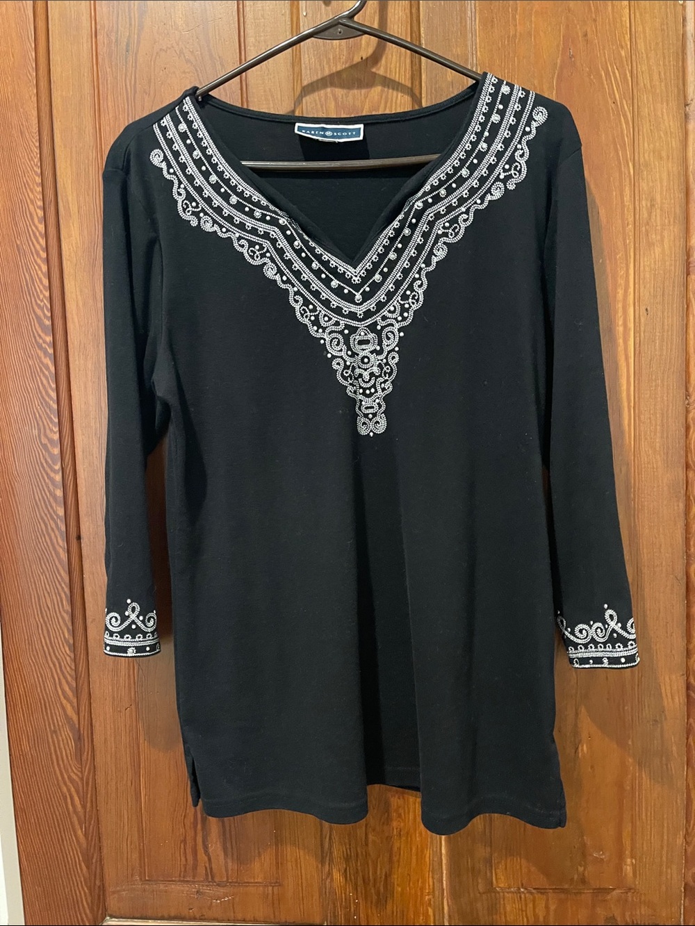 Karen Scott Black Tunic with White Embroidery